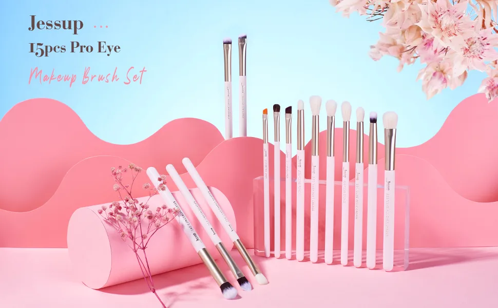 Jessup Eyeshadow Brushes 15pcs  Natural Eye Brush Set for Eyeshadow Blending Concealer Eyebrow Eyeliner  Blushing Bride T294 - Jessup Cute Pink PRO eyeshadow makeup brushes