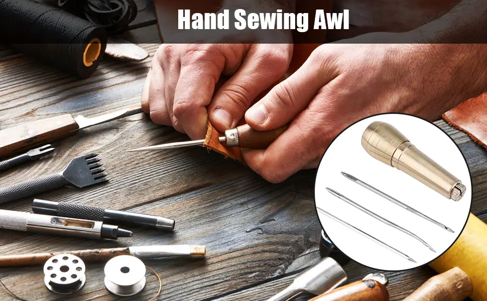 3 Needles Vintage Copper Handle Sewing Awl with Crochet Hand Stitcher Shoe Repair Tool for Leather Canvas Bag Heavy Fabric - product information 1