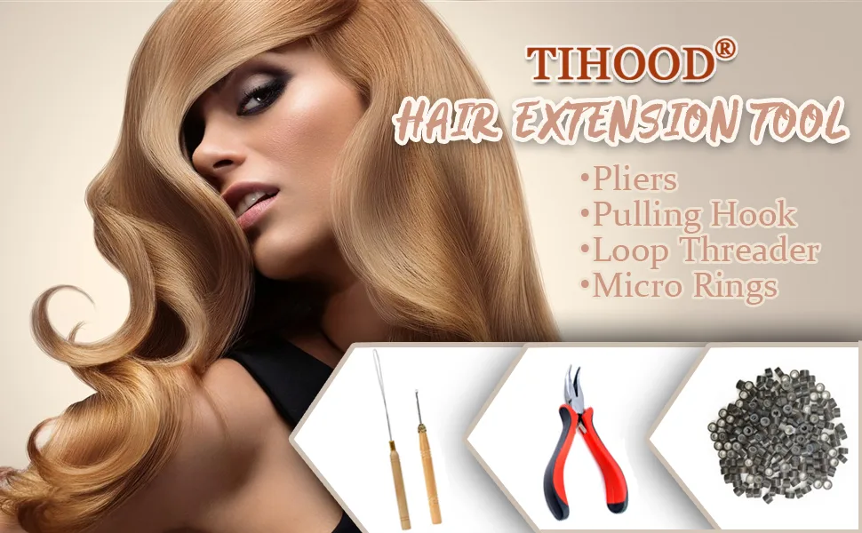 TIHOOD Hair Extension Kit Pliers Pulling Hook Bead Device Tool Kits and 200PCS Black Silicone Lined Micro Rings - product information 1