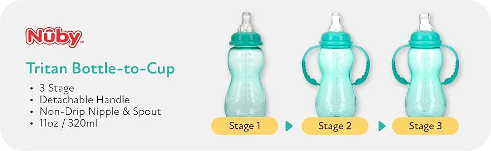 Nuby New 3 Stage Ultra Durable Tritan Grow with Me No-Spill Bottle to Cup  10 Oz  Teal  80387 - 3 stage