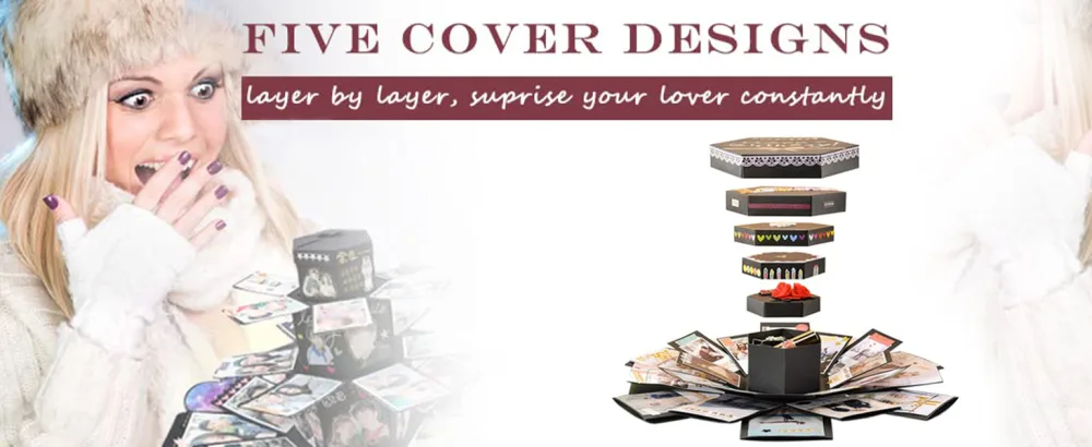 RECUTMS Explosion Box DIY Scrapbooking Set Handmade Photo Album Gift Box with 6 Faces for Christmas Gift Wedding Memory Book (6 Sides) Black - Gift Box