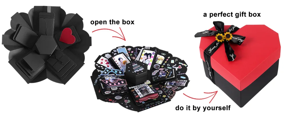 RECUTMS Explosion Box DIY Scrapbooking Set Handmade Photo Album Gift Box with 6 Faces for Christmas Gift Wedding Memory Book (6 Sides) Black - Gift Box