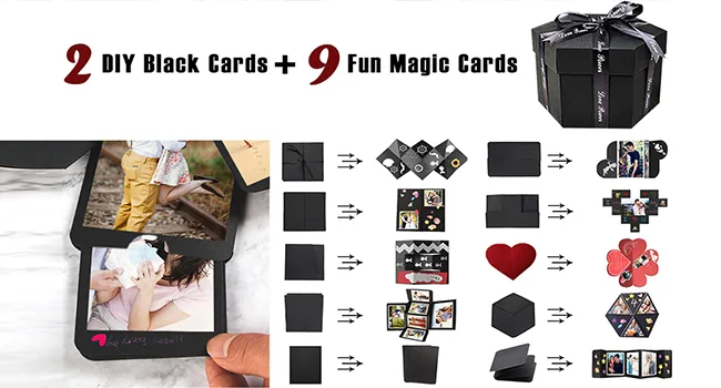 RECUTMS Explosion Box DIY Scrapbooking Set Handmade Photo Album Gift Box with 6 Faces for Christmas Gift Wedding Memory Book (6 Sides) Black - gift box