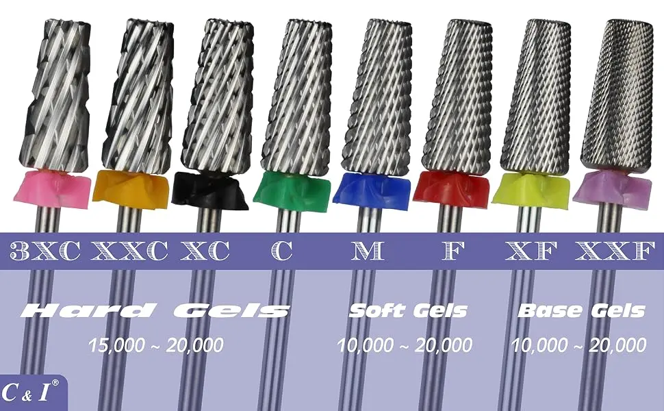 C & I 5 in 1 Multi-function Tapered Shape Nail Drill  Cross Teeth Edition  Professional Drill Bit for Nail Manicure Machine (Extra Fine - XF) - C & I Nail Drill 5 in 1 has 8 sizes drills totally.
