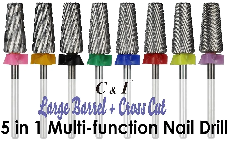C & I 5 in 1 Multi-function Tapered Shape Nail Drill  Cross Teeth Edition  Professional Drill Bit for Nail Manicure Machine (Extra Fine - XF) - C & I Nail Drill 5 in 1 Multi-functions, Cross Cut, Large Barrel, 8 sizes totally