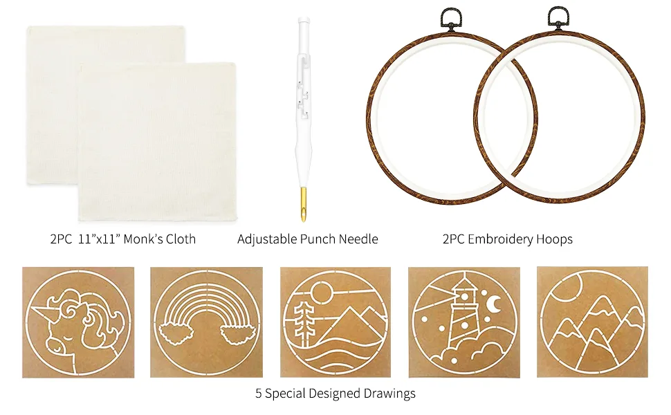 Wool Queen Punch Needle Beginner DIY Kit  1 Punch Tool /18 Colors Yarn/Two 8.4'' Imitated Wood Hoops & Monk's Cloth and 5 Design Patterns for Kids Starters Craft Gift - 18DIY