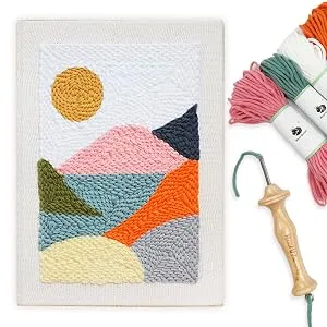 Wool Queen Punch Needle Beginner DIY Kit  1 Punch Tool /18 Colors Yarn/Two 8.4'' Imitated Wood Hoops & Monk's Cloth and 5 Design Patterns for Kids Starters Craft Gift - Impression Sunrise