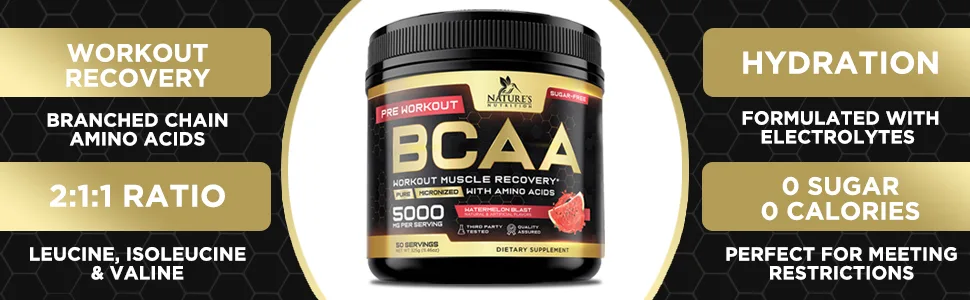 Nature's Nutrition BCAA Pre Workout - Watermelon Blast - 11.46 Oz. - BCAA Hydration 2:1:1 Branched Chain Amino Acids Pre Workout BCAAs for Men Women
