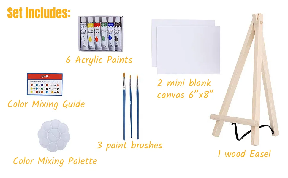 J MARK Paint Set   Mini Canvas Acrylic Painting Kit with Wood Easel  Canvases  Paint  Brushes & More - Set Includes