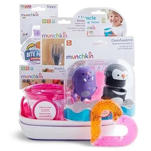 Munchkin  1st Birthday Gift Basket  Includes Sippy Cups  Plates  Feeding Utensils  Snack Catcher  Bath Toy and Teether  Pink - gift basket munchkin