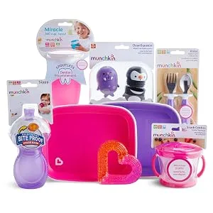 Munchkin  1st Birthday Gift Basket  Includes Sippy Cups  Plates  Feeding Utensils  Snack Catcher  Bath Toy and Teether  Pink - gift basket munchkin