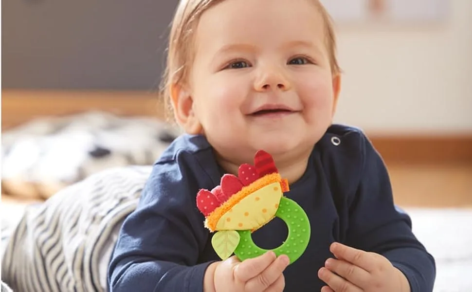 HABA Teether Chomp Champ Flower Teether - Soft Activity Toy with Crackling Foil Petals & Plastic Teething Ring for Babies Ages Birth and Up - baby
