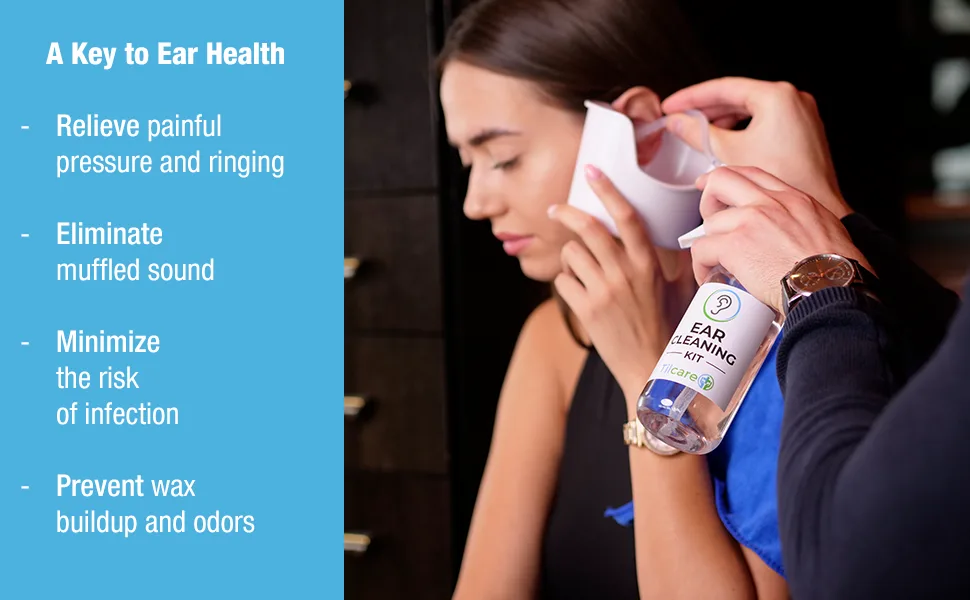 Ear Wax Removal Tool with Earwax Removal Drops by Tilcare - Ear Irrigation Flushing System - Perfect Ear Cleaning Kit - Includes Drops  Towel  Basin  Syringe  Curette Kit and 30 Disposable Tips - Regular ear cleaning helps minimize ear infections and prevents wax buildup and odors.