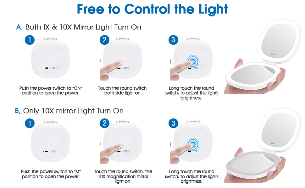 KEDSUM Lighted Compact Mirror  1X/10X Magnifying Mirror  Travel Makeup Mirror with Rechargeable LED Lights  Dimmable Double Sided Folding Mirror  Portable  Daylight  USB Charging (White) - product information 21