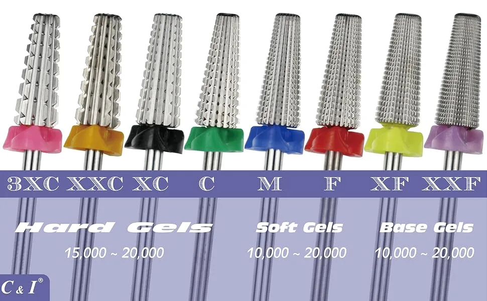 C & I 5 in 1 Nail Drill Bit  Slim Edition  Professional Manicure Drills for Electric Nail Drill Machine (Double Fine -XXF) - Nail Drill 5 in 1 has 8 sizes totally, to cover hard gels, soft gels, base gels.