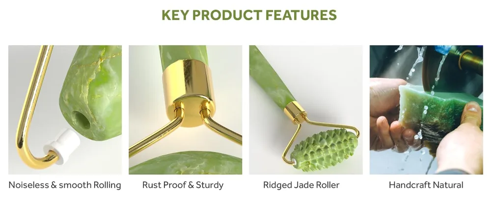 Premium Certified Jade Roller Gift and Gua Sha Set - Includes Two Anti Aging Rollers and Gua Sha Facial Tool - Face and Body Massager for Your Skincare Routine - four main features of jade kit