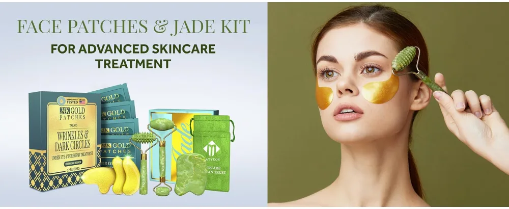 Premium Certified Jade Roller Gift and Gua Sha Set - Includes Two Anti Aging Rollers and Gua Sha Facial Tool - Face and Body Massager for Your Skincare Routine - golden patches with jade