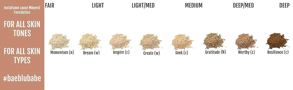 BaeBlu InstaFame Loose Mineral Foundation Powder  Full Coverage Matte With Natural SPF for Sensitive Skin  Create - Shade chart baeblu instafame foundation mineral