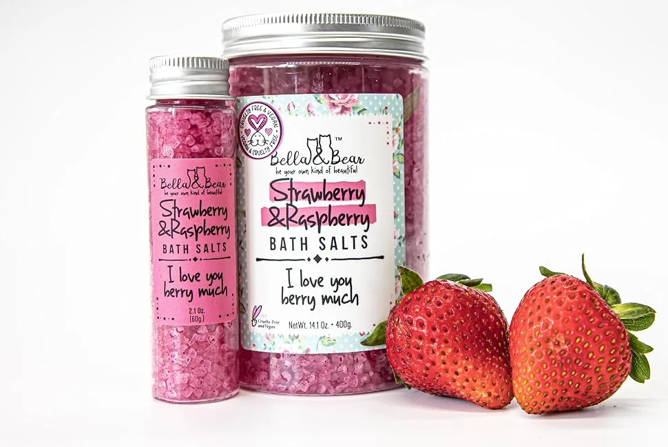 Bella & Bear Strawberry & Raspberry Bath Salts  Foot Soak  Detox  Fruity Scent 17.6oz Strawberry and Raspberry - strawberry and raspberry bath salts