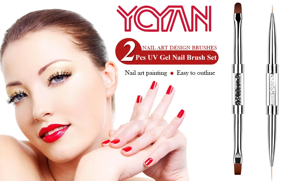 Ycyan 2Pcs Dual-ended Nail Design Brushes Rhinestone Handle UV Gel Nail Brush Set Professional Nail Art Tools - product information 1