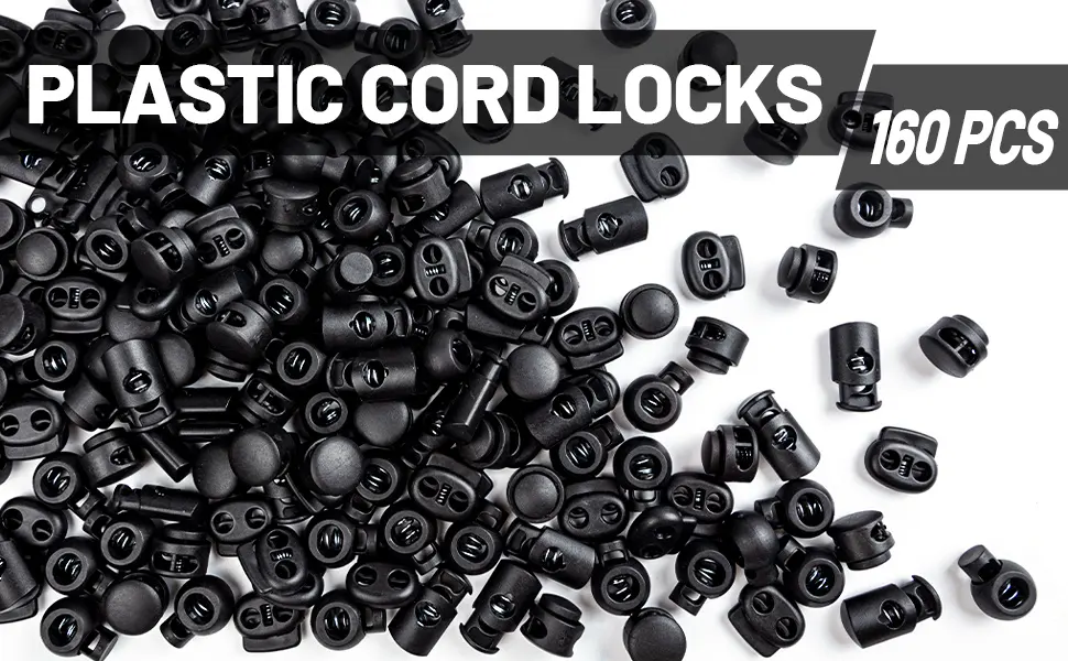 CLESDF 160 Pcs Plastic Cord Locks  Single Double Hole Spring Stop Toggle Stoppers for Drawstrings  Shoelaces  Bags  More  4 Styles Black 160pcs - product information 1