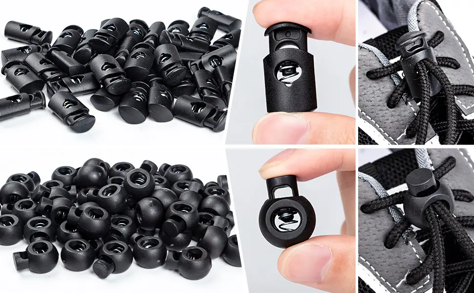 CLESDF 160 Pcs Plastic Cord Locks  Single Double Hole Spring Stop Toggle Stoppers for Drawstrings  Shoelaces  Bags  More  4 Styles Black 160pcs - product information 2