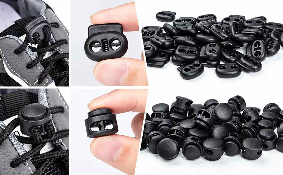 CLESDF 160 Pcs Plastic Cord Locks  Single Double Hole Spring Stop Toggle Stoppers for Drawstrings  Shoelaces  Bags  More  4 Styles Black 160pcs - product information 3