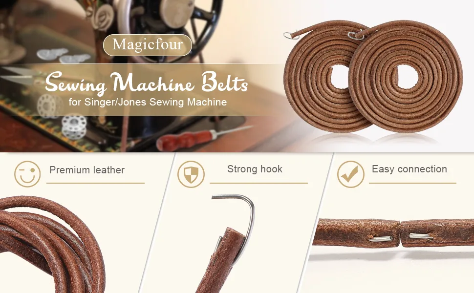 Magicfour Sewing Machine Belt  71 3/16 Sewing Machine Leather Belts Sewing Machine Treadle Belts with Hook for Singer/Jones Sewing Machine (2 Pcs with Accessories) - Sewing Machine Belts