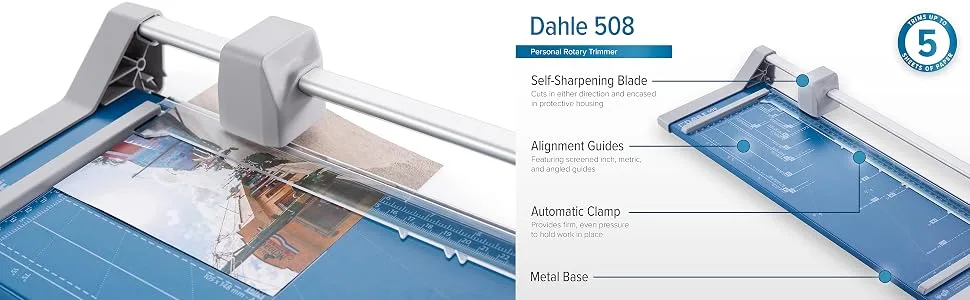 Dahle 508 Personal Rotary Trimmer  18 Cut Length  5 Sheet Capacity  Self-Sharpening  Automatic Clamp  German Engineered Paper Cutter - self-sharpening, trimmer, paper trimmer, paper cutter, rotary trimmer, dahle, dahle 507, dahle 508