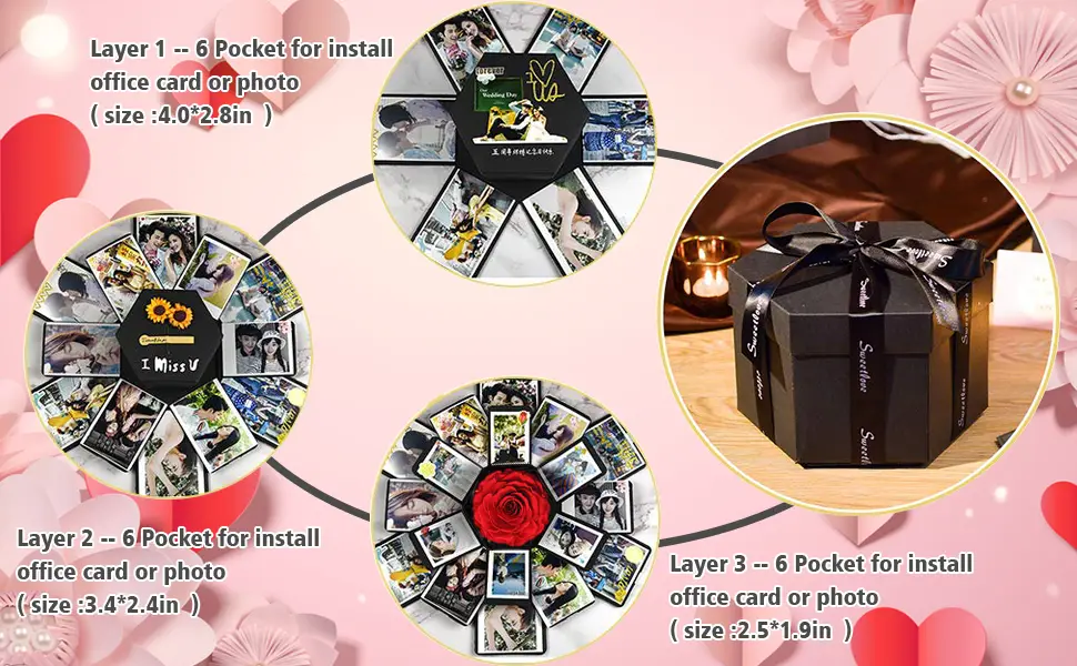 Wanateber Explosion Box  DIY Explosion Gift Box with 6 Faces  Main Part Assembled Handmade Photo Box for Birthday Gift  Anniversary  Valentine's Day  Wedding (Black) - Birthday Gift, Anniversary, Valentine