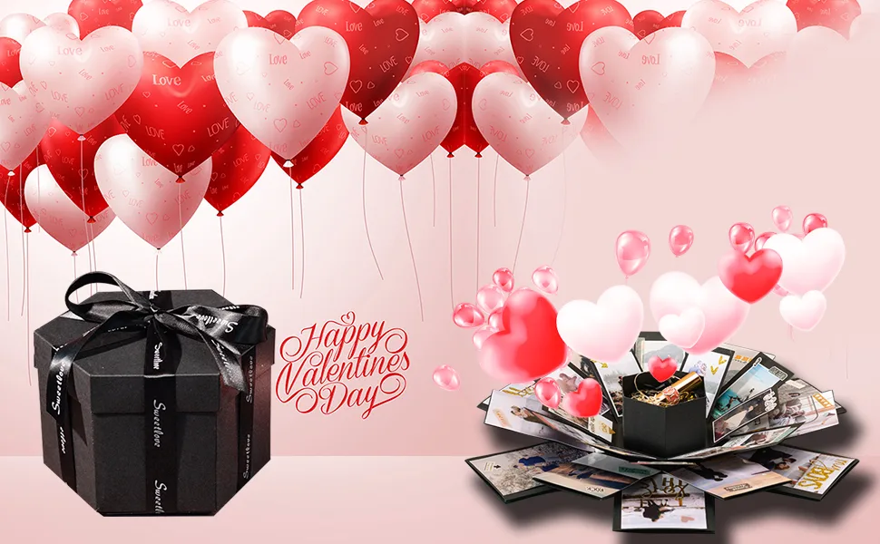 Wanateber Explosion Box  DIY Explosion Gift Box with 6 Faces  Main Part Assembled Handmade Photo Box for Birthday Gift  Anniversary  Valentine's Day  Wedding (Black) - DIY Explosion Gift Box with 6 Faces
