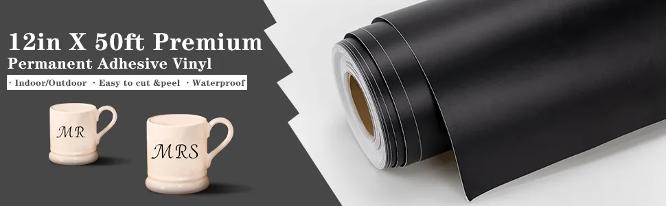 YRYM HT Black Permanent Adhesive Vinyl Roll - 12 x 50 FT for Signs  Scrapbooking  Adhesive Vinyl Sheets for Cricut  Silhouette and Cameo Cutters - adhesive vinyl