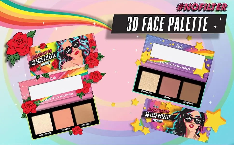 Rude - NoFilter 3D Face Palette - Roses - contour, highlight, palette, makeup, cosmetics, beauty, rude