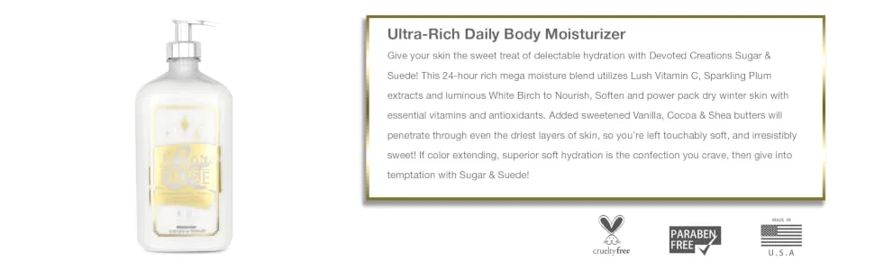 Devoted Creations Sugar & Suede Moisturizer 18.25 oz - lotion moisturizer aloe vera cruelty free beauty skin sun care after sun USA made