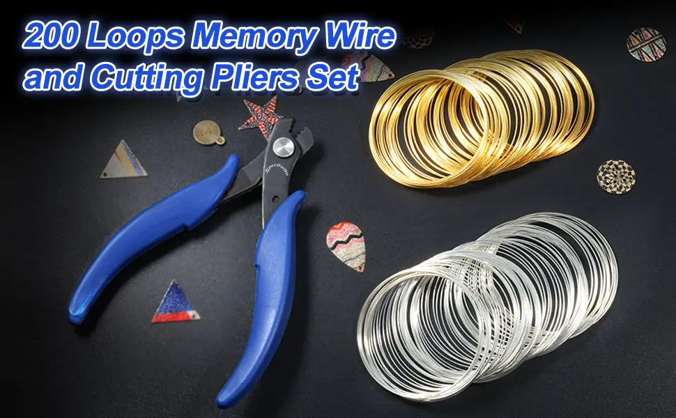 SPEEDWOX 5.5 Inches Memory Wire Cutting Pliers 200 Loops Memory Wire Set for Bracelet Making Gold Silver Loop Jewelry Wire Arts DIY Making Supplies Hobby Work Tool Set B - 200-Loop Memory Wire and 5.5-Inch Cutting Pliers Set