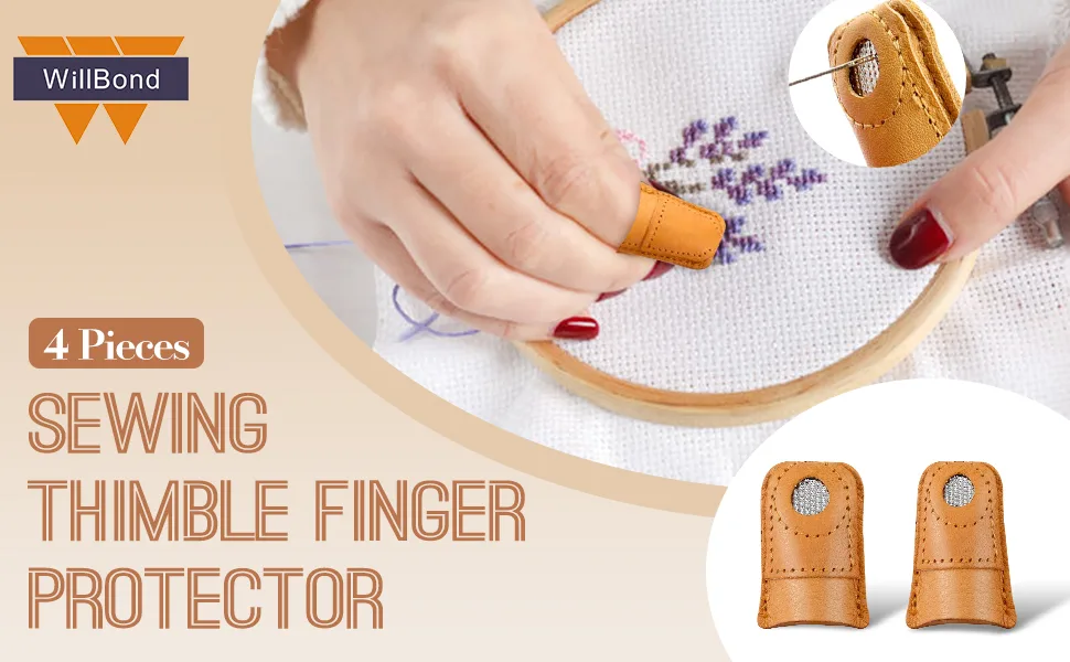 WILLBOND 4 Pieces Leather Thimble Hand Sewing Thimble Finger Protector Coin Thimble Finger Pads for Knitting Sewing Quilting Pin Needles Craft Accessories DIY Sewing Tools  2 Sizes - product information 1