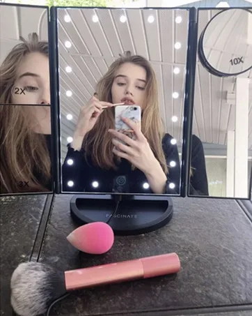 FASCINATE Magnifying Mirror with Light  1X/10X Double Sided Rechargeable Lighted Makeup Mirror  3 Color Setting Makeup Vanity Mirror with 54 LEDs  Dimmable Desk Lit Cosmetic Mirror White - Trifold Vanity Mirror with Lights