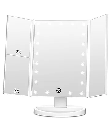 FASCINATE Magnifying Mirror with Light  1X/10X Double Sided Rechargeable Lighted Makeup Mirror  3 Color Setting Makeup Vanity Mirror with 54 LEDs  Dimmable Desk Lit Cosmetic Mirror White - Trifold Vanity Mirror with Lights