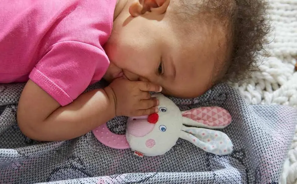 HABA Chomp Champ Bunny Teether - with Crinkle Ears and Plastic Teething Ring for Babies from Birth and Up - baby