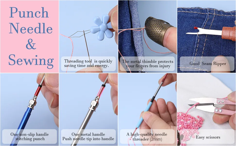 Punch Needle  43 Pieces Punch Needle Tool and Instructions - Punch Needle Embroidery Kit with Embroidery Tools  Seam Ripper  Threader and Thimble  Needle Punch Kits for Beginners - Punch Needle Tool
