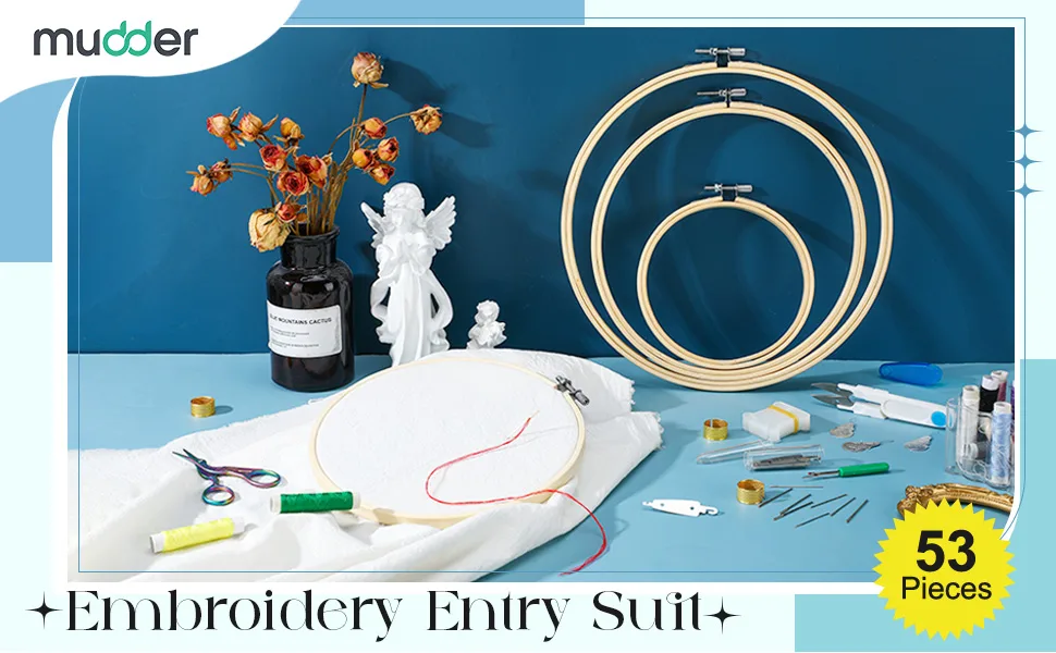 53 Pieces Cross Stitch Tool Embroidery Starter Kit  Includes Bamboo Circle Cross Stitch Hoop Ring  Vintage Sewing Scissors  Needle-Threading Tools  Thimbles  Floss Bobbins  Seam Ripper and Embroidery - product information 1