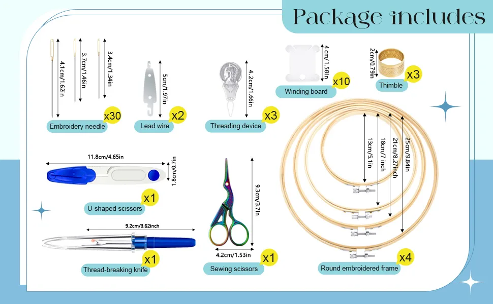 53 Pieces Cross Stitch Tool Embroidery Starter Kit  Includes Bamboo Circle Cross Stitch Hoop Ring  Vintage Sewing Scissors  Needle-Threading Tools  Thimbles  Floss Bobbins  Seam Ripper and Embroidery - product information 2