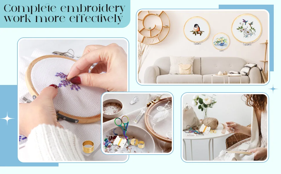 53 Pieces Cross Stitch Tool Embroidery Starter Kit  Includes Bamboo Circle Cross Stitch Hoop Ring  Vintage Sewing Scissors  Needle-Threading Tools  Thimbles  Floss Bobbins  Seam Ripper and Embroidery - product information 4