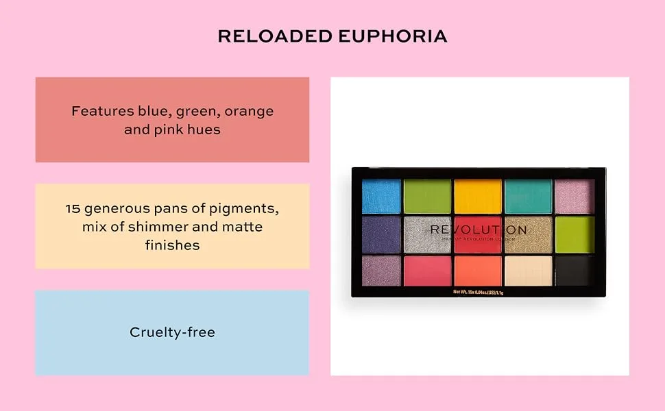 Makeup Revolution Reloaded Palette  Makeup Eyeshadow Palette  Includes 15 Shades  Lasts All Day Long  Cruelty Free  Euphoria  16.5g - revolution beauty reloaded euphoria eyeshadow palette cruelty free makeup