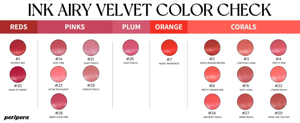 Peripera Ink Airy Velvet Lip Tint  Liquid Lip (0.14 fl oz  015 SOFT CORAL) - COLOR CHART