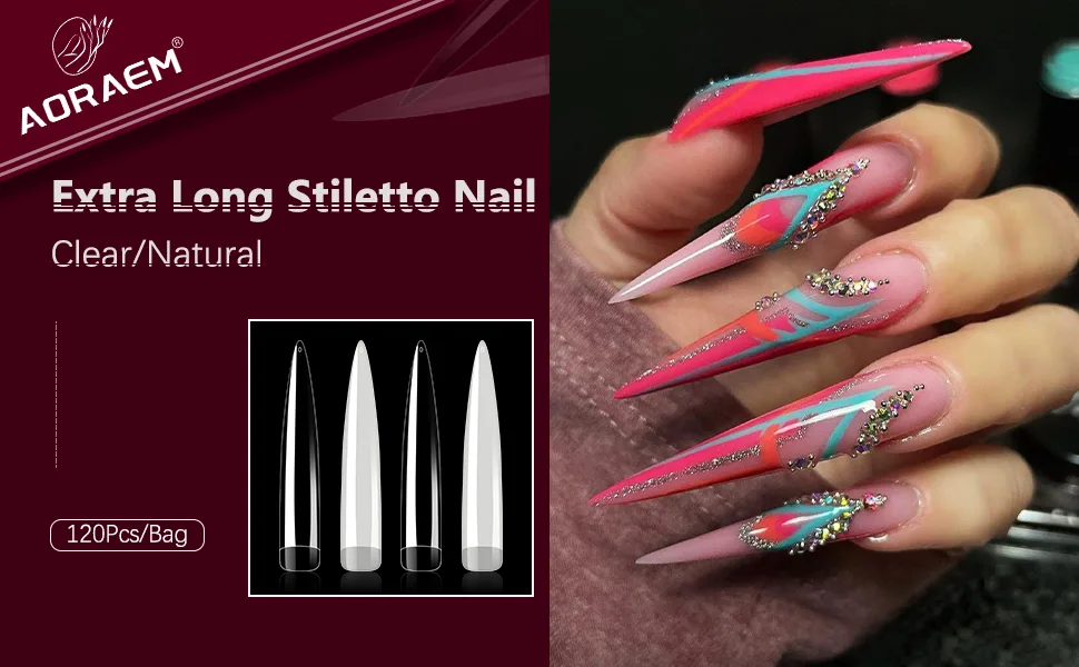 AORAEM Stiletto False Nail Clear Extra Long Sharp Nails Tips Art Tips 12 Sizes 120 Pcs Acrylic Fake Nail (Clear Long Nail) Clear-1 - AORAEM Stiletto False Nail Clear Extra Long Sharp Nails Tips