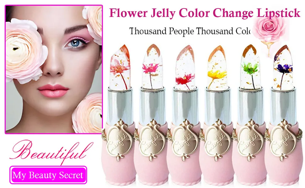 SuperThinker Flower Lip Gloss Clear Jelly Lipstick Set  6Pcs Magic Temperature Color Change Lip Balm Long Lasting Nutritious Lips Moisturizer Crystal Jelly Lipgloss Black - 8090