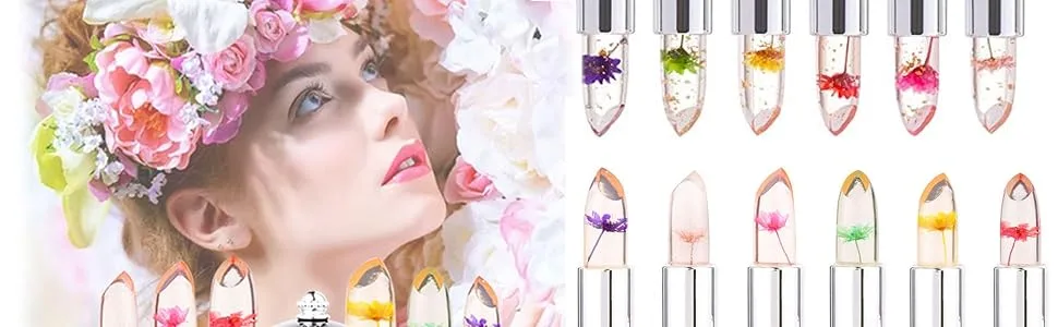 SuperThinker Flower Lip Gloss Clear Jelly Lipstick Set  6Pcs Magic Temperature Color Change Lip Balm Long Lasting Nutritious Lips Moisturizer Crystal Jelly Lipgloss Black - product information 9