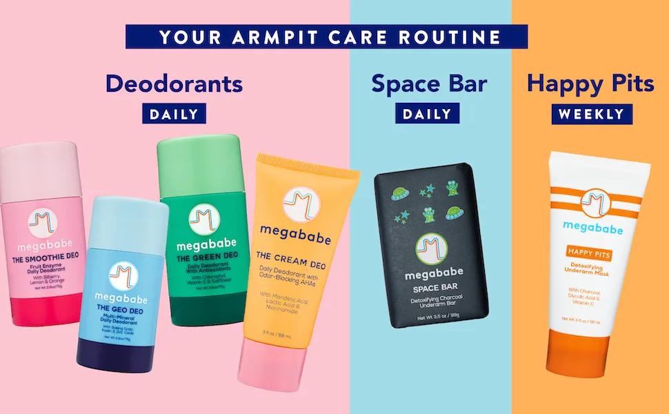 Megababe Underarm Mask - Happy Pits | With Detoxifying Charcoal & Vitamin C | 3 fl oz - Your armpit are routine featuring deodorants, space bar, and happy pits mask.
