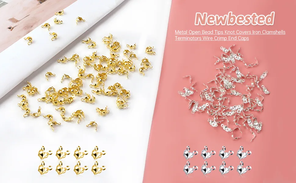 Newbested 1400 PCS Metal Open Bead Tips Knot Covers Iron Clamshells Terminators Wire Crimp End Caps for Jewelry Making Craft DIY(Gold and Silver) - Metal Open Bead Tips Knot Covers Iron Clamshells Terminators Wire Crimp End Caps